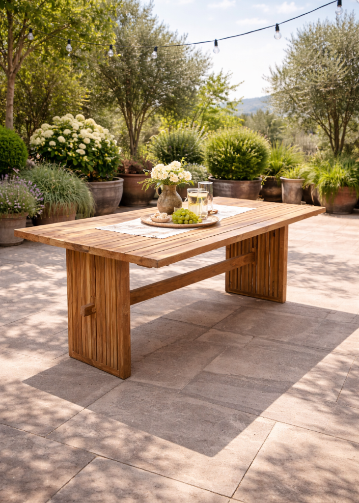 Moderner Gartentisch aus Massivholz 200x100 cm auf Terrasse – hochwertiger Outdoor-Esstisch