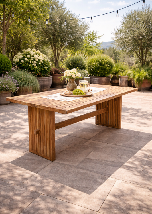 Moderner Gartentisch aus Massivholz 200x100 cm auf Terrasse – hochwertiger Outdoor-Esstisch