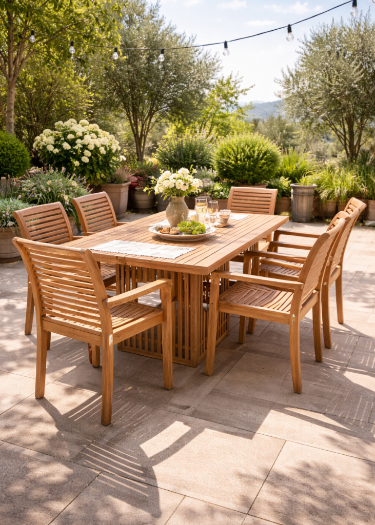 Großer Outdoor-Esstisch aus Holz mit massiver Tischplatte und markanten Holzleisten im Garten