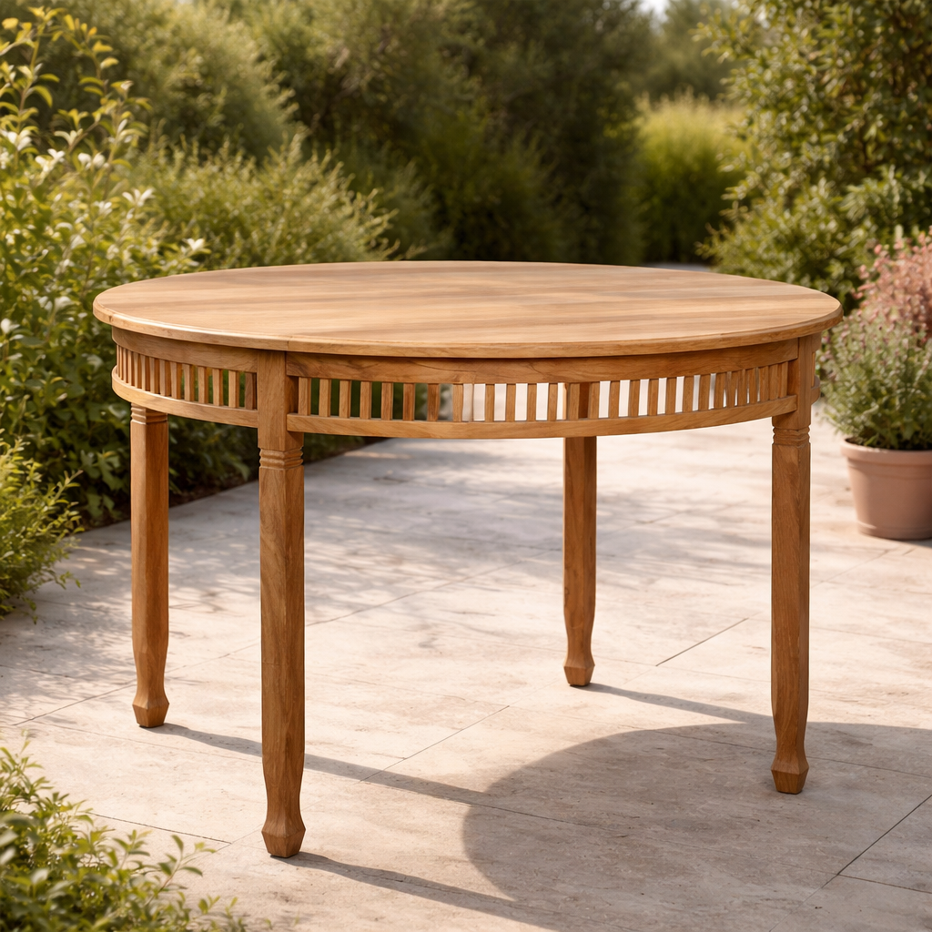 Holztisch Outdoor rund 120 cm mit feinen Stäbchen Detail unter Tischplatte
