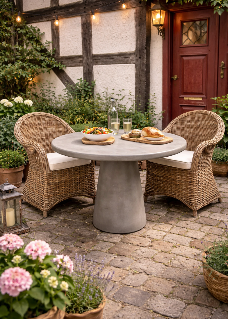 Moderner Gartentisch LUCI Ø120 cm in Grau aus Fiberglas für Terrasse und Garten