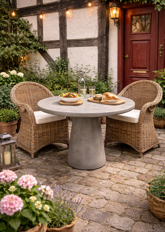 Moderner Gartentisch LUCI Ø120 cm in Grau aus Fiberglas für Terrasse und Garten