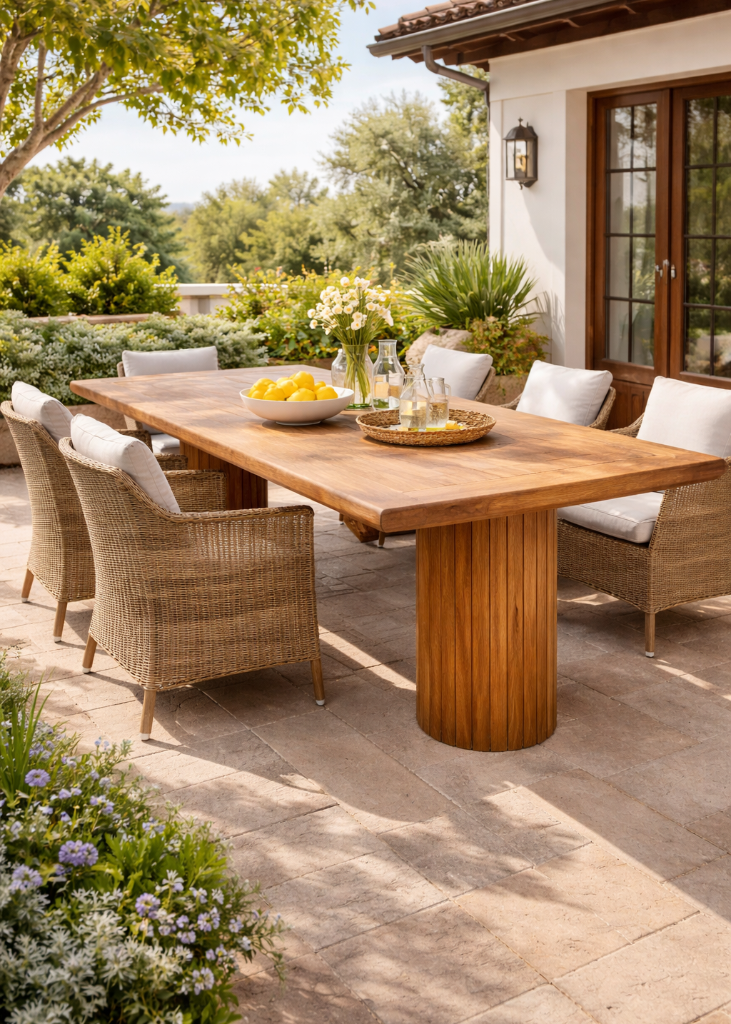 Gartentisch aus hellem Massivholz (240x100 cm) mit halbrunden Säulenbeinen auf sonniger Bauernhaus-Terrasse, umgeben von Korbstühlen und sommerlicher Dekoration.