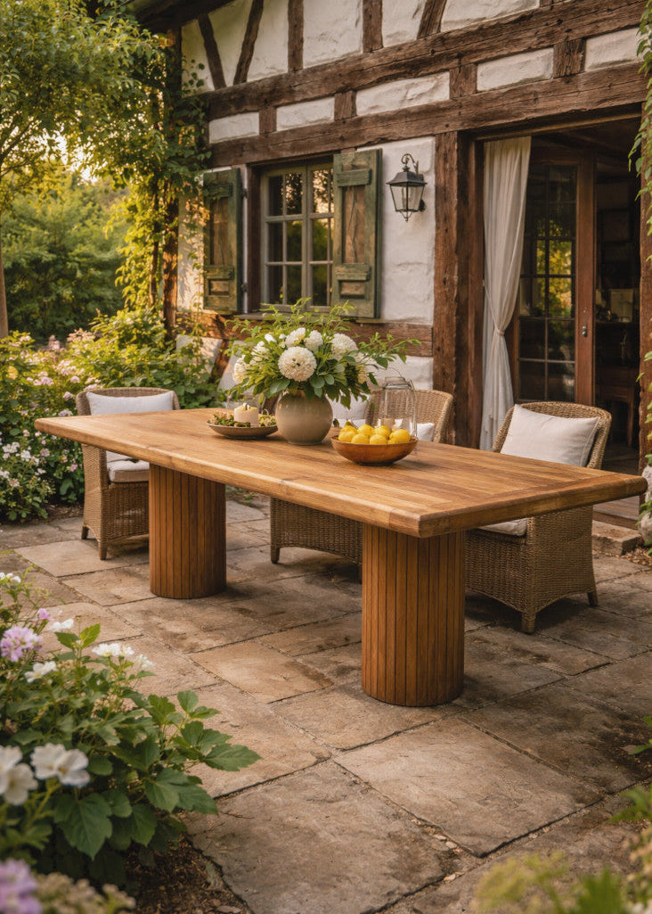 Gartentisch aus Massivholz 240x100 cm mit halbrunden Säulenbeinen für Terrasse und Garten