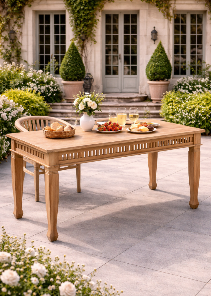 Gartentisch massiv Teak 150 cm stilvoll auf Terrasse im Gutshaus Stil