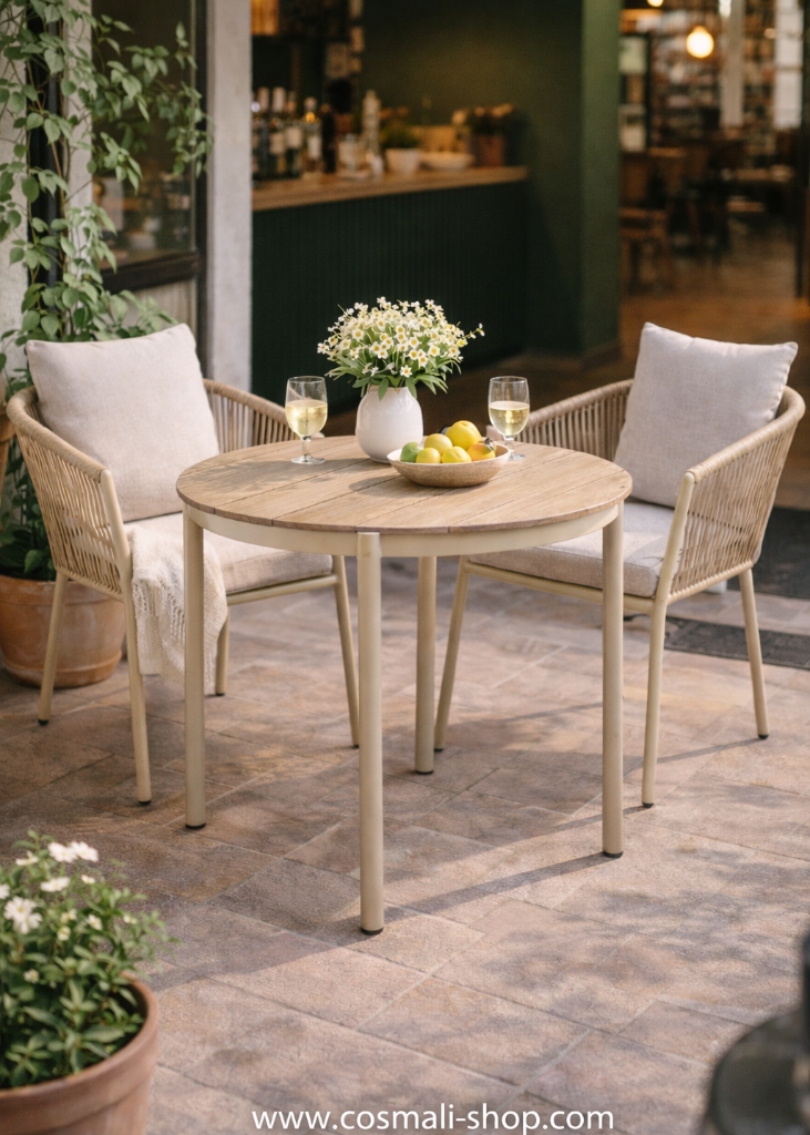 Moderner Gartentisch rund 90 cm – beige-natur - cosmali living