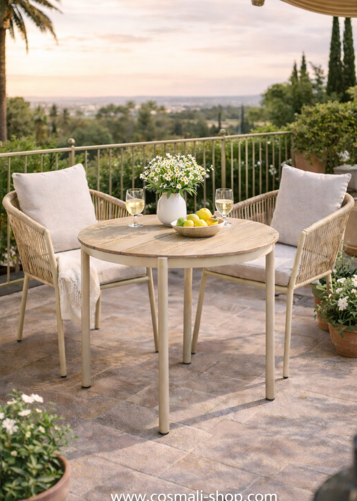 Moderner Gartentisch rund 90 cm – beige-natur - cosmali living