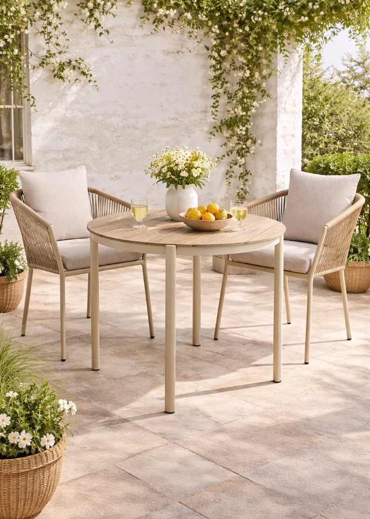 Moderner Gartentisch rund 90 cm – beige-natur - cosmali living