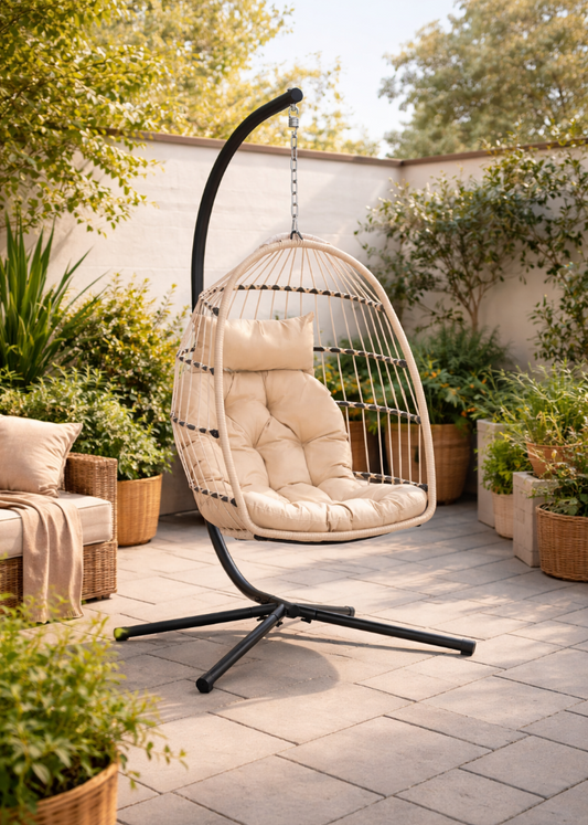 Hängesessel mit Gestell für Balkon und Terrasse in Beige mit weichem Polster