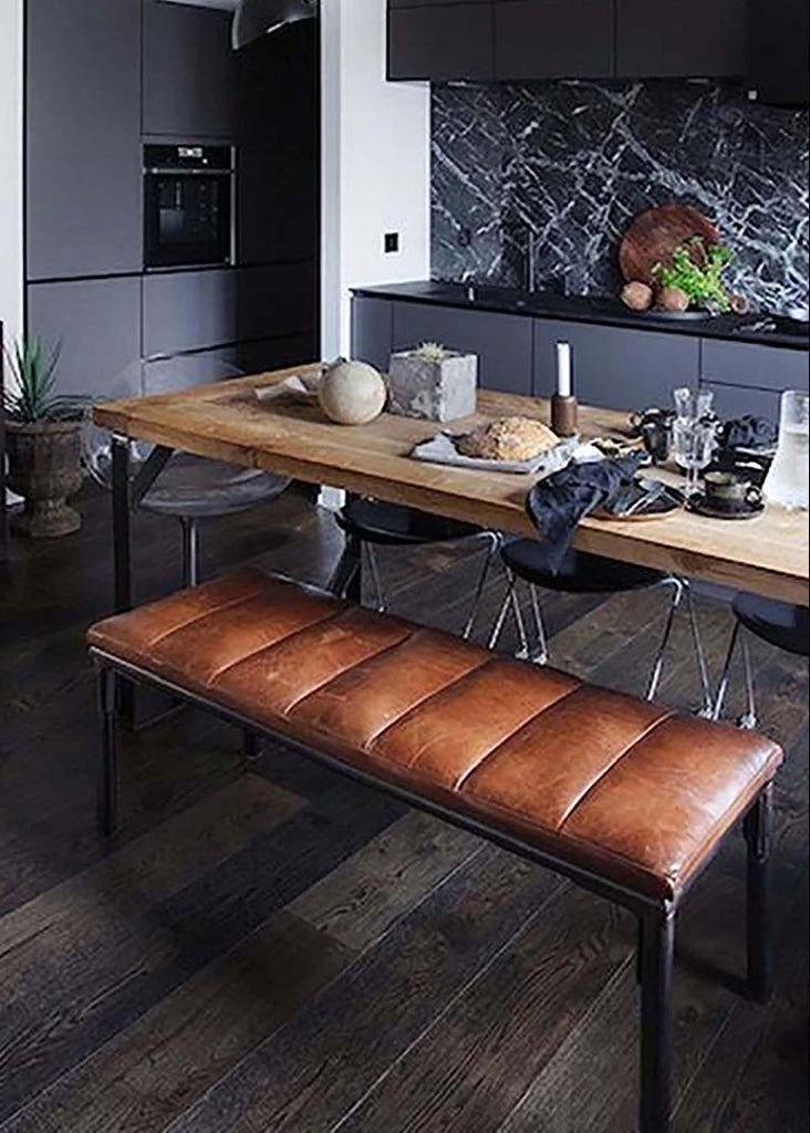 Industrielle Leder-Metallbank 120 cm im Esszimmer