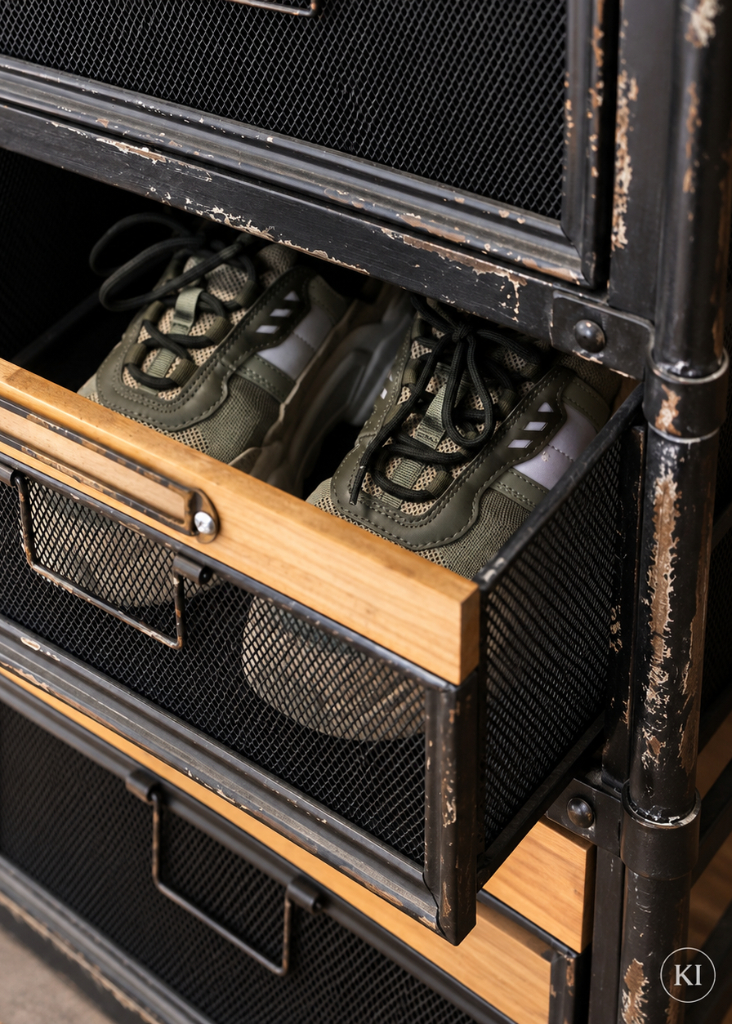 Geöffnete Schublade der Industrial Kommode TIM mit Metallgitter und Holzfront als praktischer Stauraum für Schuhe.