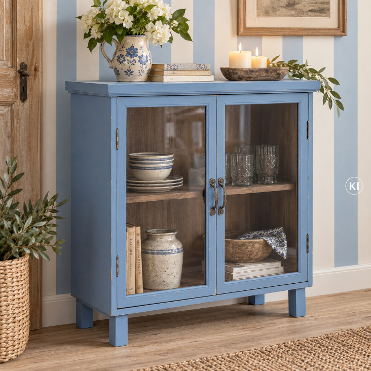 Kleine Landhaus Vitrine in Shabby Blau als Geschirrschrank für die Küche