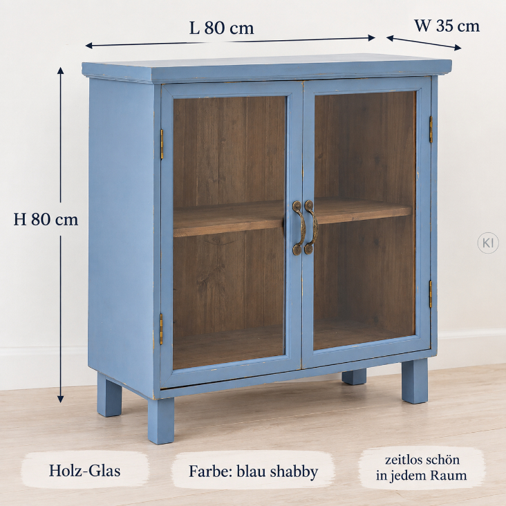 Vintage Vitrinenschrank Blau aus Holz und Glas für Esszimmer und Wohnzimmer
