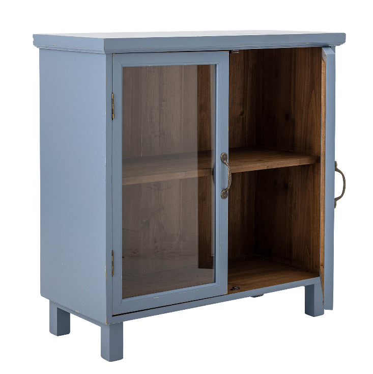 Shabby blaue Holzvitrine 80 cm breit als charmantes Vintage Landhausmöbel