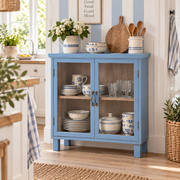 Blaues Vintage Sideboard mit zwei Glastüren und warmbraunem Innenraum