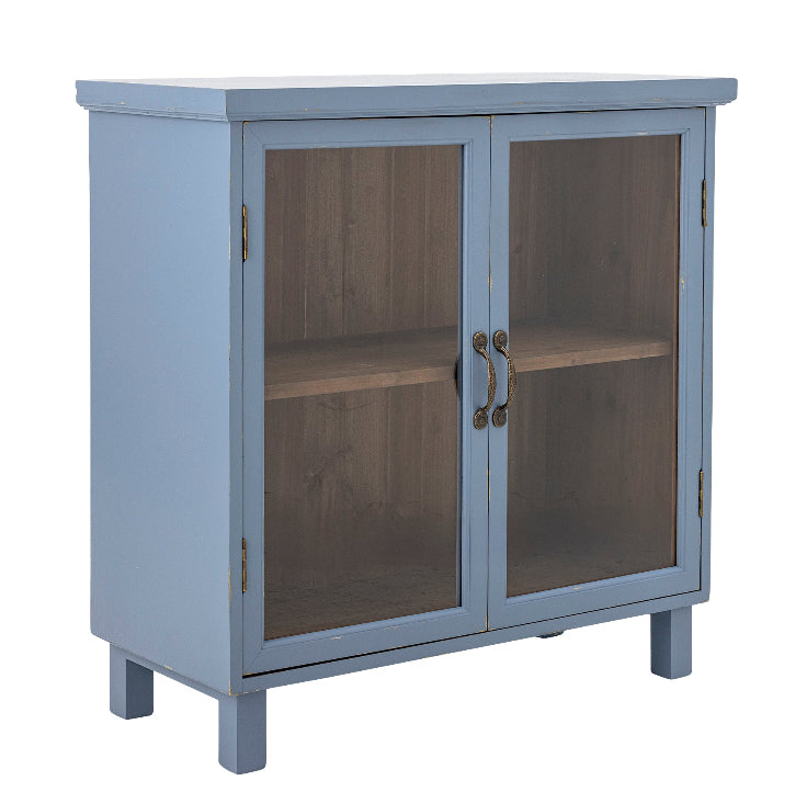 Shabby blaue Holzvitrine 80 cm breit als charmantes Vintage Landhausmöbel