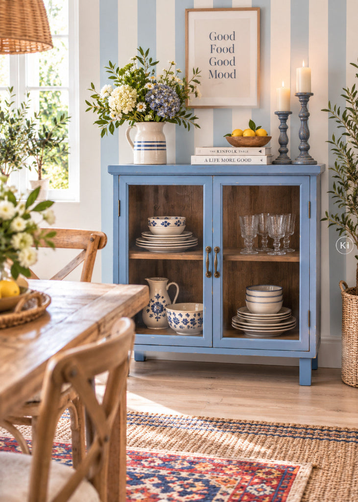 Kleine Vitrine Shabby Blau aus Tannenholz und Glas im Vintage Landhausstil