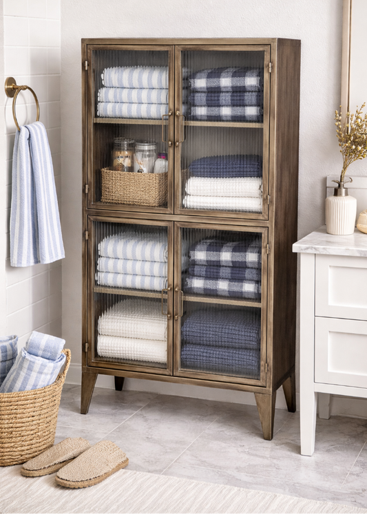 Vitrine Metall antik messing - 4 Riffelglastüren