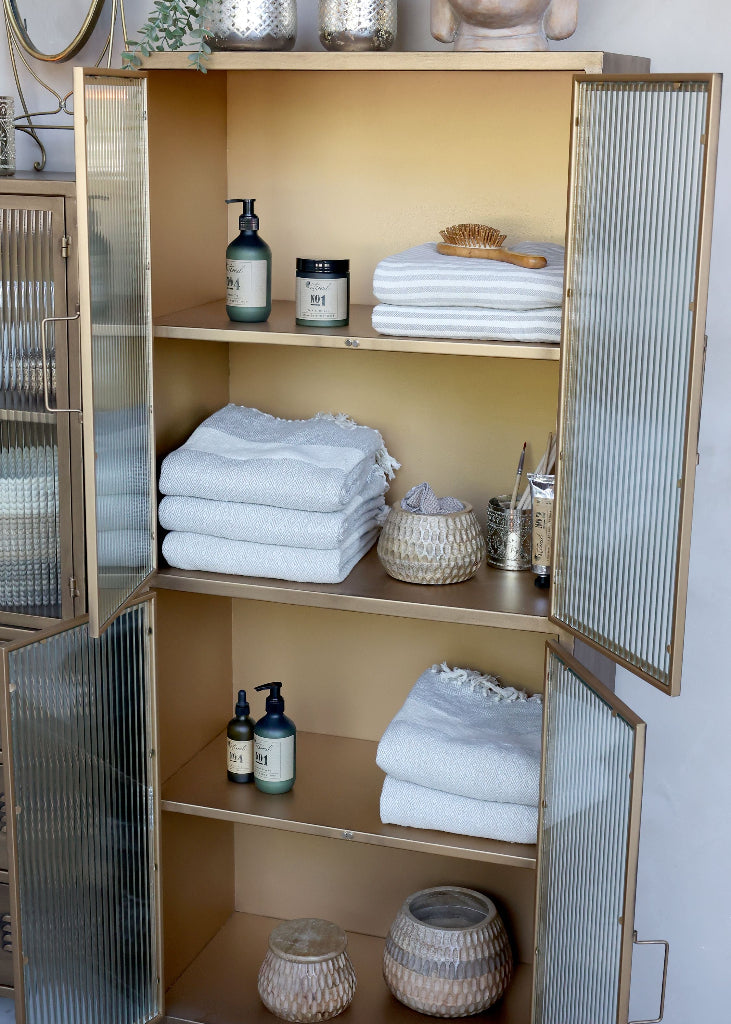 Vitrine Metall antik messing - 4 Riffelglastüren