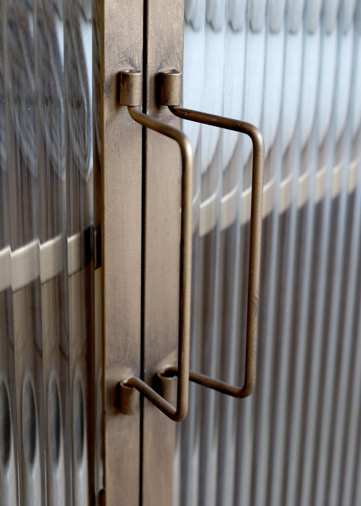 Vitrine Metall antik messing - 4 Riffelglastüren, Metallgriffe