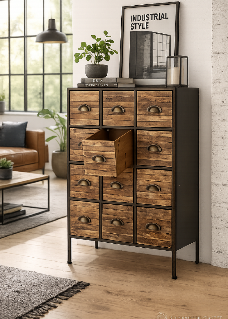 Stilvolle Industrial-Kommode MATTI mit 12 Holzschubladen aus Tannenholz und schwarzem Metallgestell im modernen Loft-Design