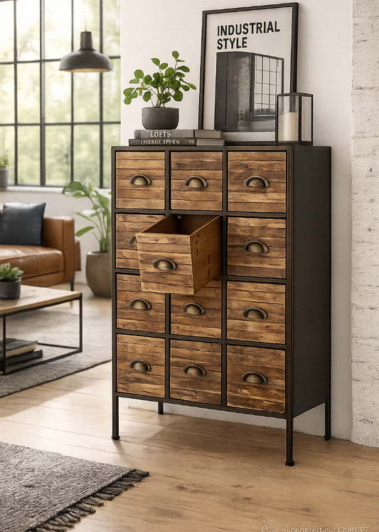 Stilvolle Industrial-Kommode MATTI mit 12 Holzschubladen aus Tannenholz und schwarzem Metallgestell im modernen Loft-Design