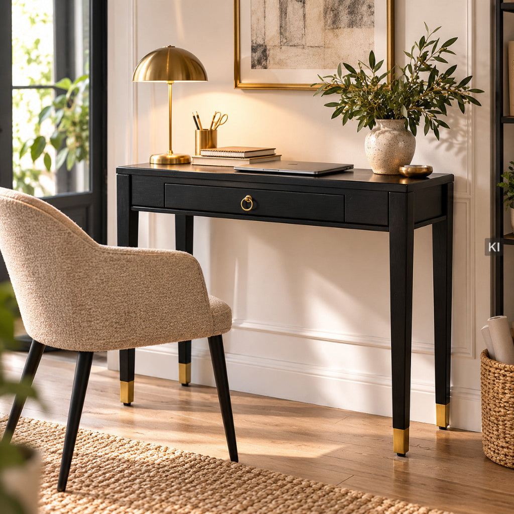 Konsolentisch EMMA als kleiner Schreibtisch im Homeoffice, platzsparendes Design in Schwarz-Gold mit praktischer Schublade.