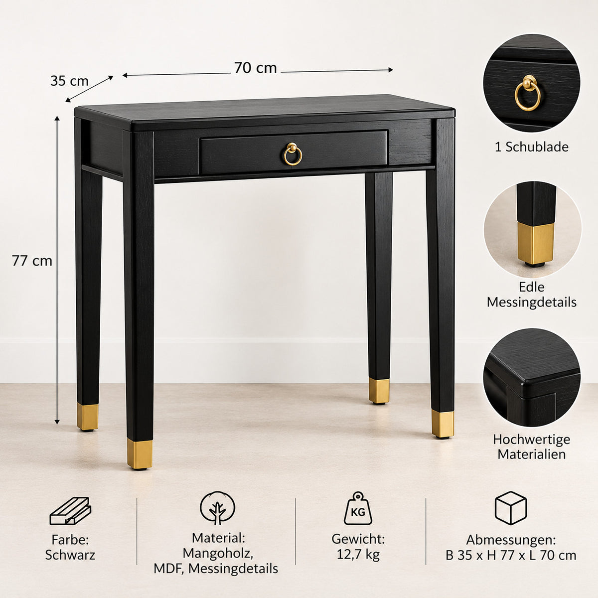 Moderner Design-Konsolentisch EMMA mit goldenem Ringgriff, schwarzen Tischbeinen und goldfarbenen Beinkappen.