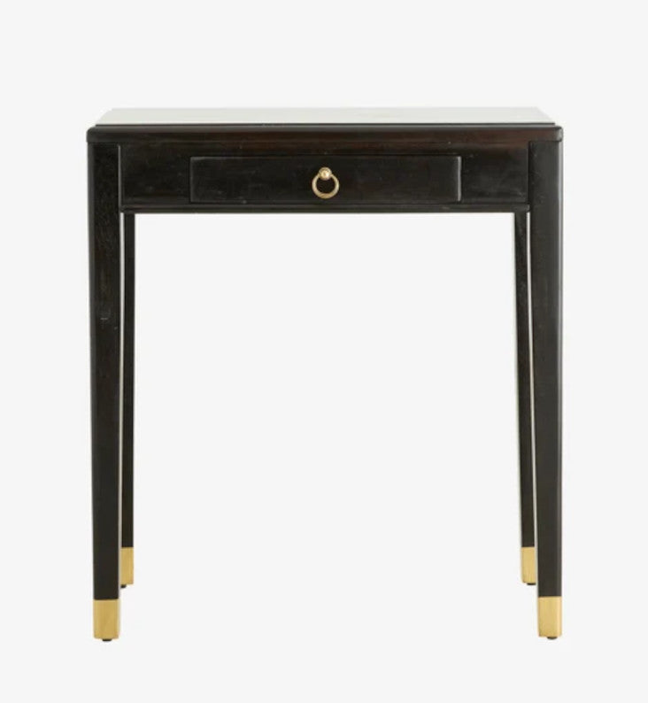 Konsolentisch EMMA als kleiner Schreibtisch im Homeoffice, platzsparendes Design in Schwarz-Gold mit praktischer Schublade.