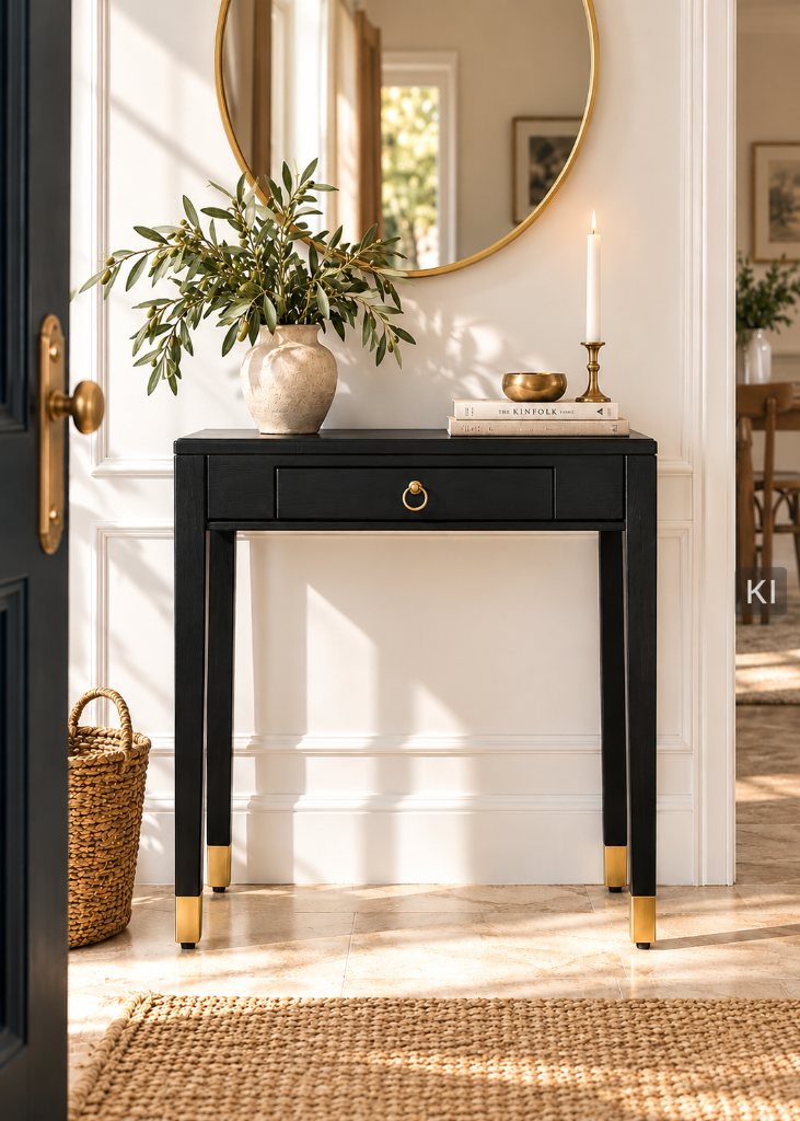 Konsolentisch EMMA schwarz-gold, B 70 cm, modernes Designmöbel mit Schublade, goldenem Ringgriff und eleganten Beinkappen.
