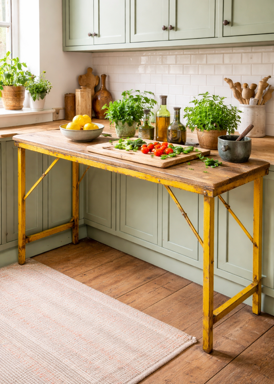 Konsolentisch altes Holz und shabby gelbes Metallgestell industrial