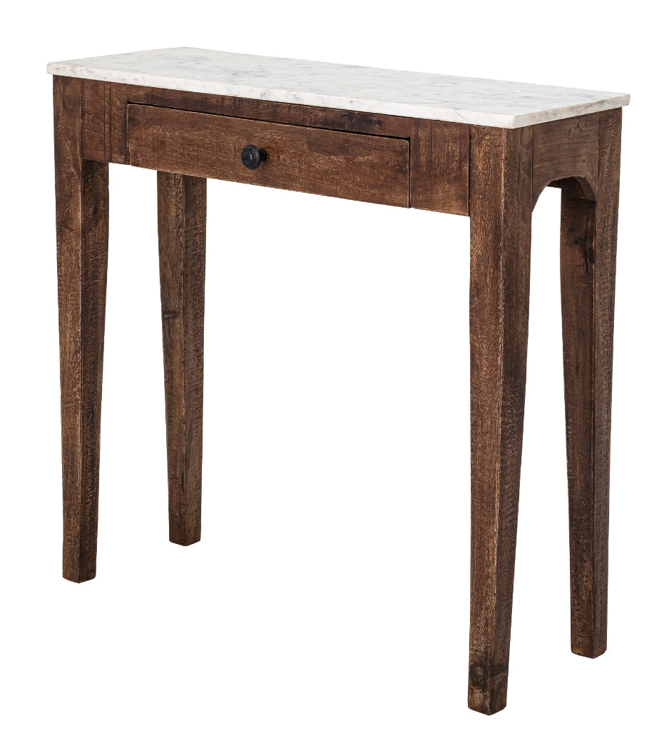 Hochwertiger Konsolentisch mit Marmorplatte und Schublade – platzsparendes Design aus FSC®-zertifiziertem Mangoholz.