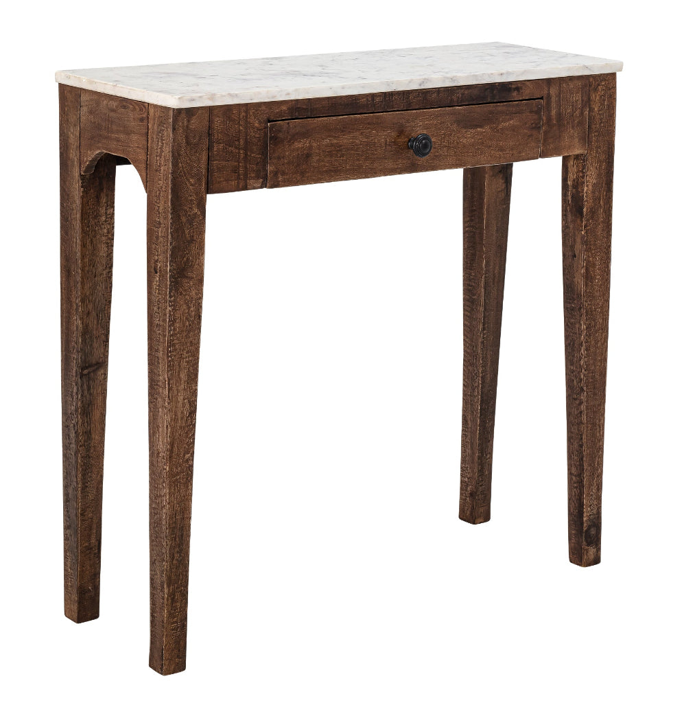 Stilvoller Beistelltisch aus massivem Mangoholz mit natürlicher Maserung und eleganter Marmor-Tischplatte.