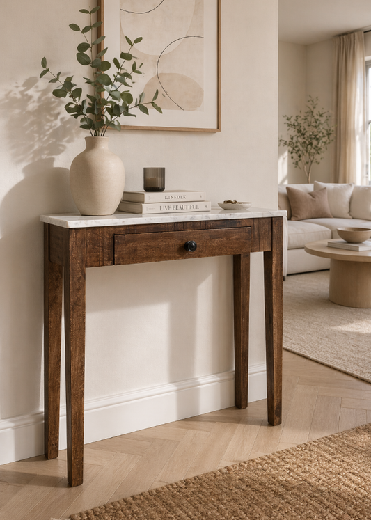 Hochwertiger Konsolentisch FEE schmaler Flurtisch mit Marmorplatte und Stauraum im eleganten Design