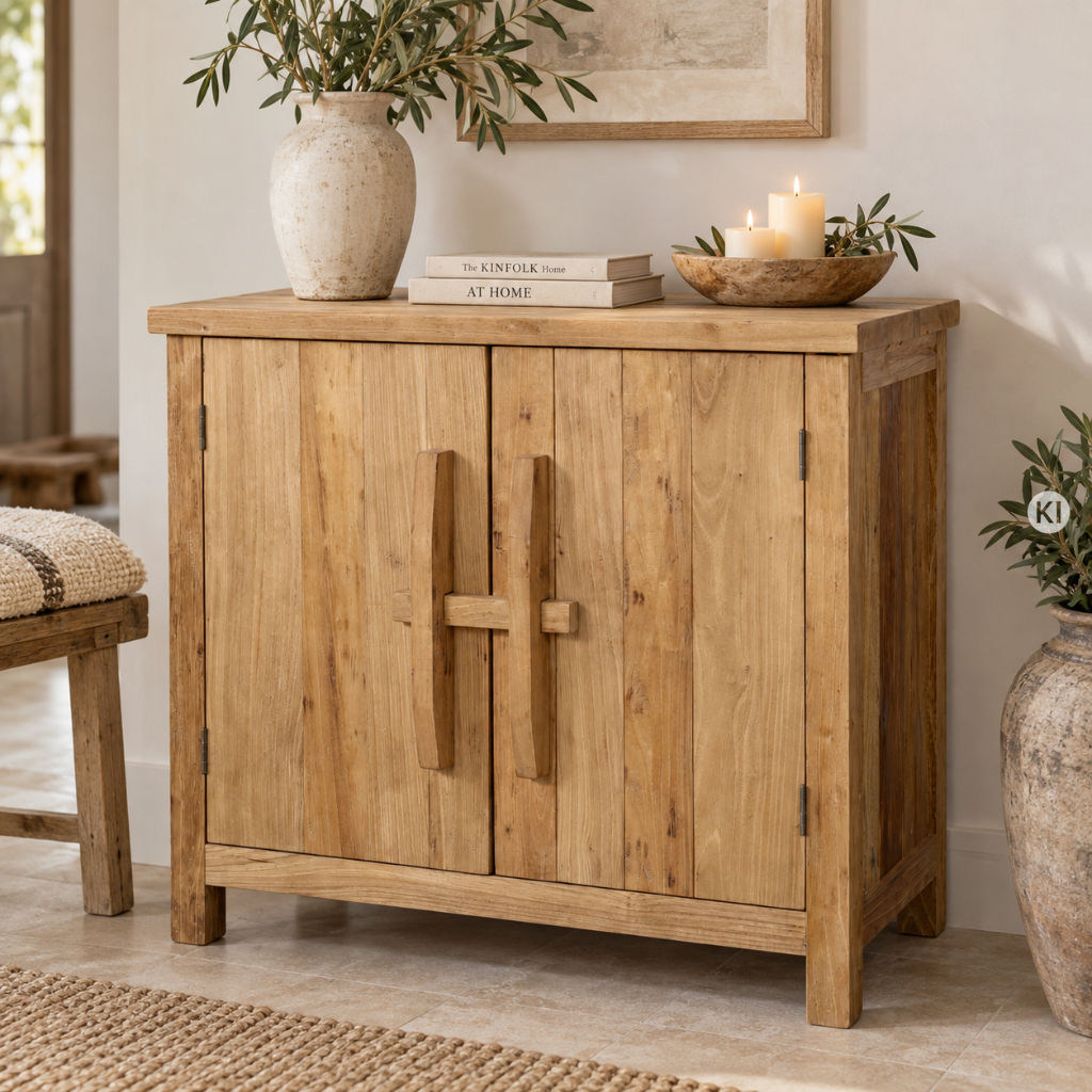 Vintage Holzschrank JELLE in Naturholz mit außergewöhnlichem Steckverschluss wie bei Möbeln von früher