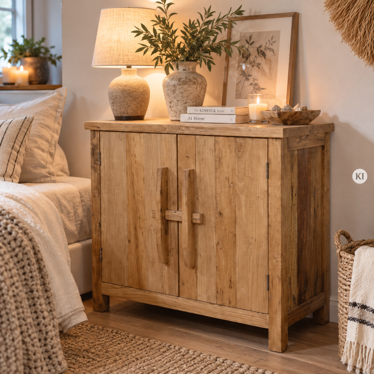 Naturholz Anrichte JELLE mit Adventsdeko und Tannenzweigen im gemütlichen Landhaus Wohnzimmer