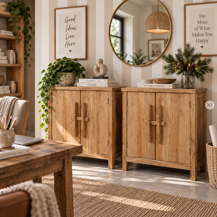 Anrichte JELLE aus Naturholz im stilvollen Wohnzimmer mit beige-weiß gestreifter Wand und Wohnaccessoires