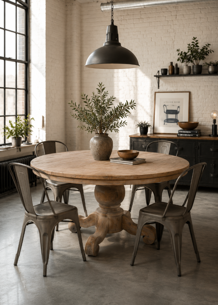 Runder Landhaus Esstisch Ø 160 cm aus massivem Teakholz im hellen Industrial Esszimmer