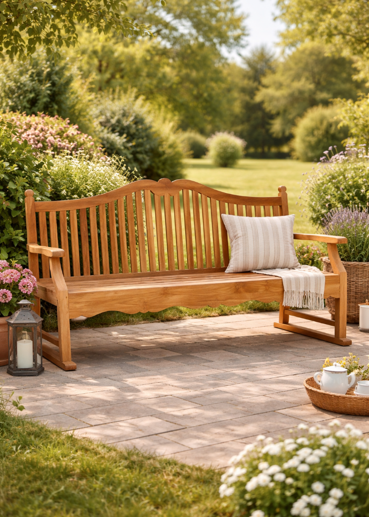 Elegante Gartenbank aus Teakholz massiv 228 cm 3 Sitzer gemütlich für Terrasse und Garten