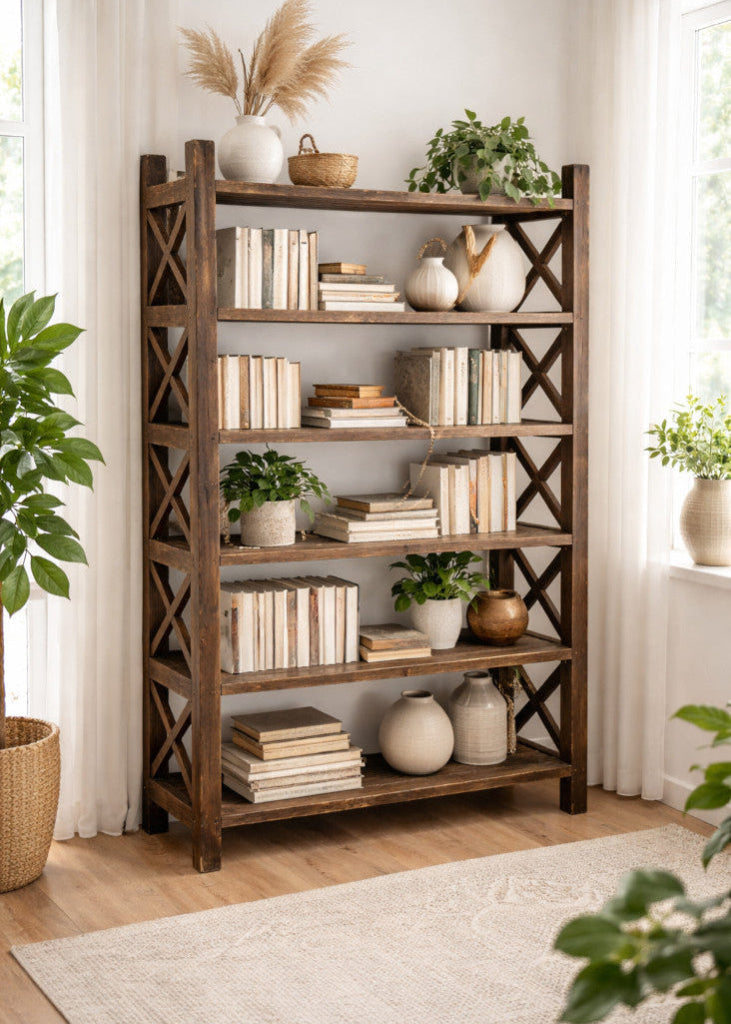 Rustikales Landhaus-Holzregal mit Kreuz-Design H 183 cm - EINZELSTÜCK