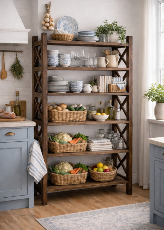 Rustikales Landhaus-Holzregal mit Kreuz-Design H 183 cm - EINZELSTÜCK