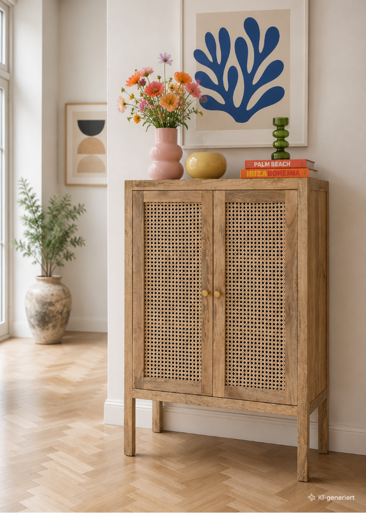 Landhaus Schrank aus Mangoholz mit Rattan-Geflecht und Messinggriffen im modernen Boho- und Scandi-Stil