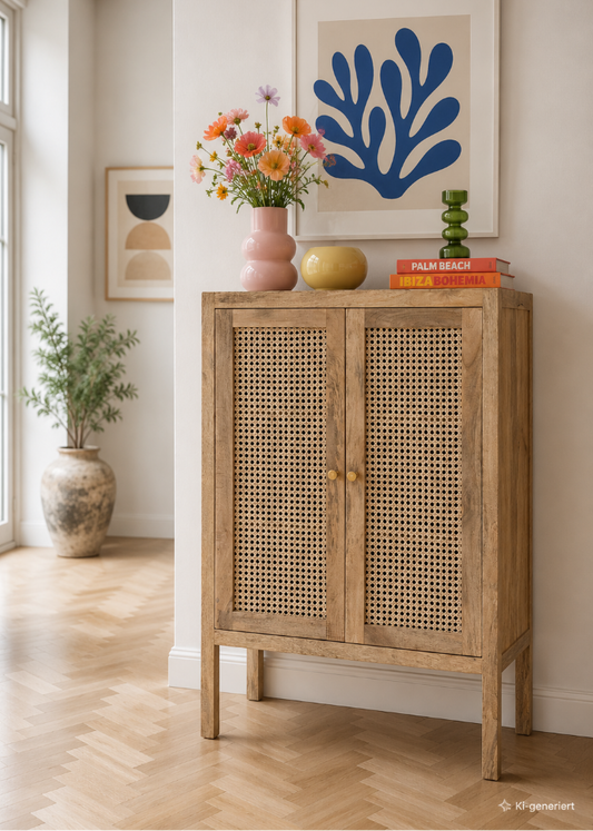 Landhaus Schrank aus Mangoholz mit Rattan-Geflecht und Messinggriffen im modernen Boho- und Scandi-Stil