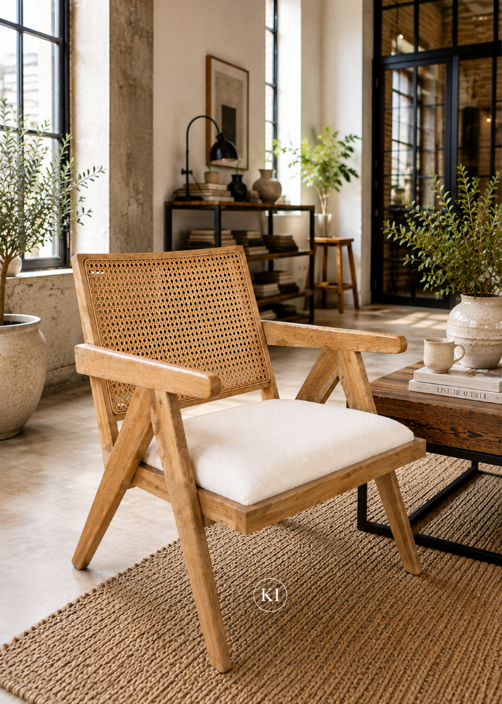 Landhaus Loungesessel aus Eichenholz mit Rattan im Wiener Geflecht und weißem Polstersitz in einer hellen Wohnlandschaft im modernen Industriedesign.