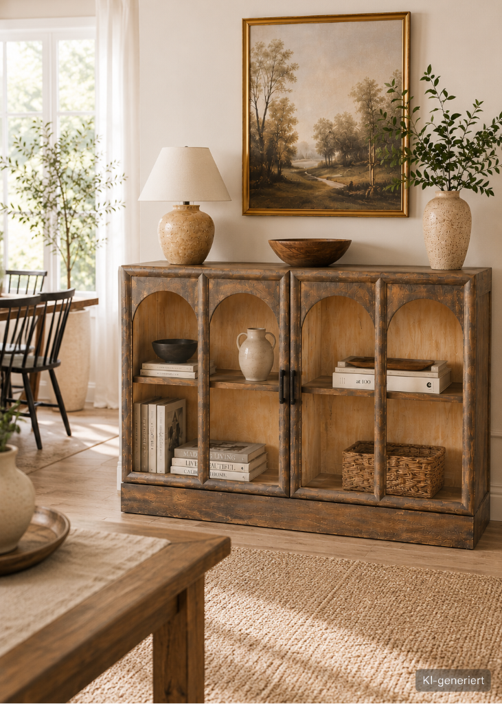 Landhaus Anrichte-Vitrine aus Mangoholz mit halbrunden Glasfenstern in Braun im Esszimmer