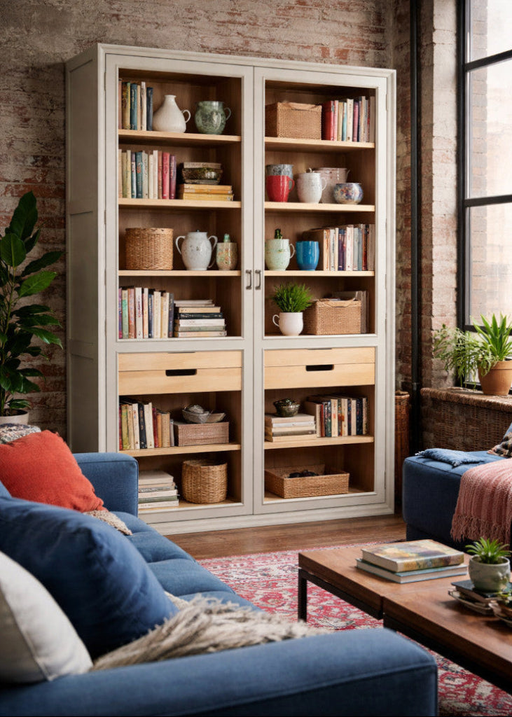 Landhaus Vitrine MAJA H 210 cm grau-natur - Skandi-Landhausmöbel