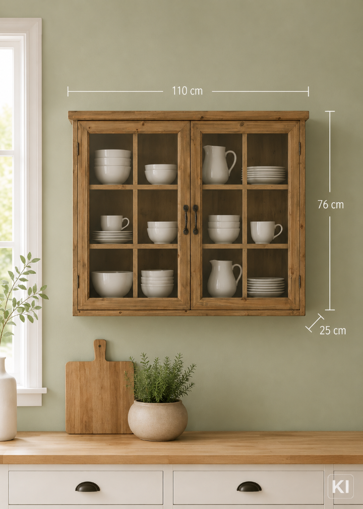 Vintage Landhaus-Wandvitrine aus naturbelassenem Tannenholz mit Glastüren und praktischer Fächereinteilung zur stilvollen Präsentation von Geschirr und Dekoration.