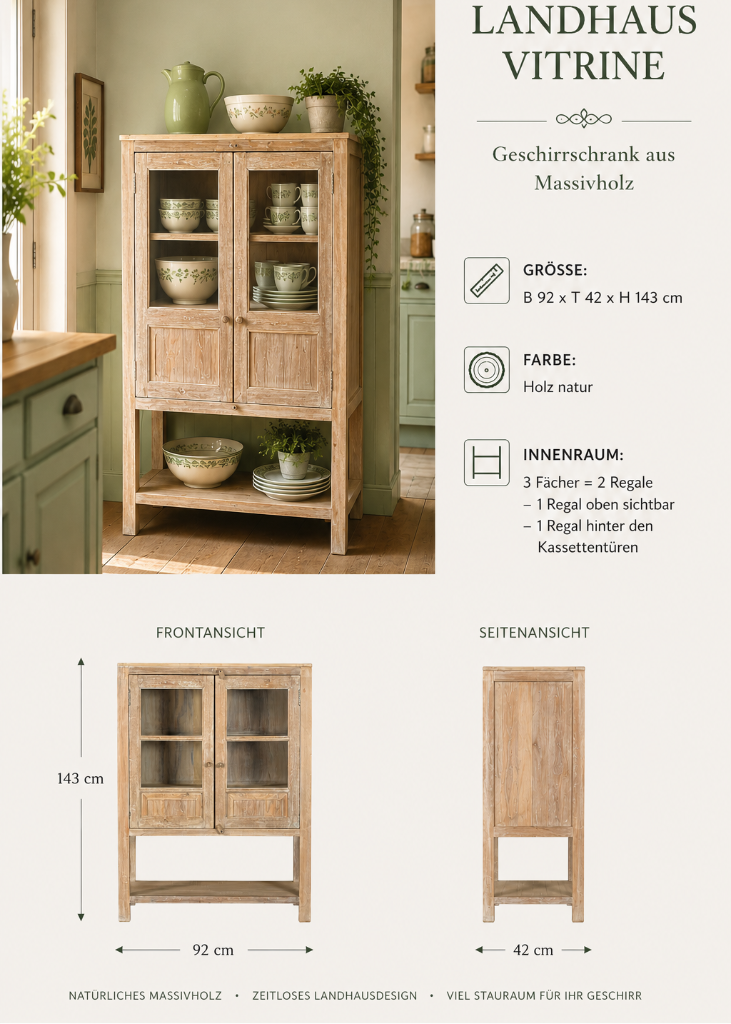 Vintage Landhausmöbel aus Massivholz mit Glastüren, offener Ablage und zeitlosem Design für stilvolles Wohnen.