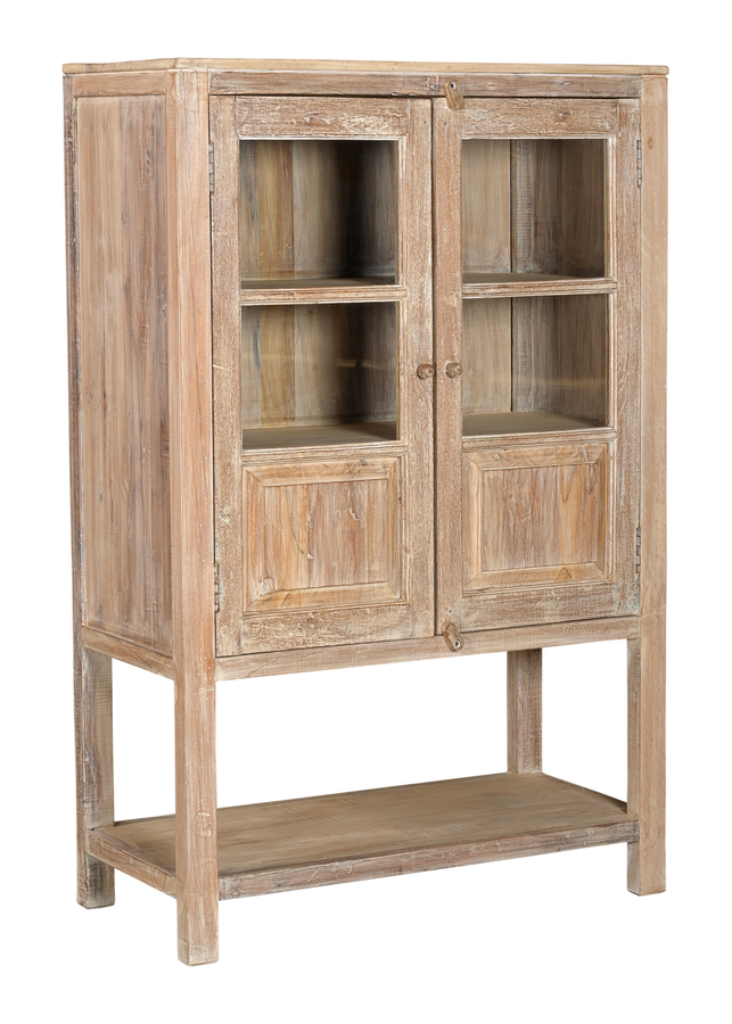 Holzvitrine Natur 92 x 42 x 148 cm als eleganter Geschirrschrank für Küche, Esszimmer oder Wohnzimmer.