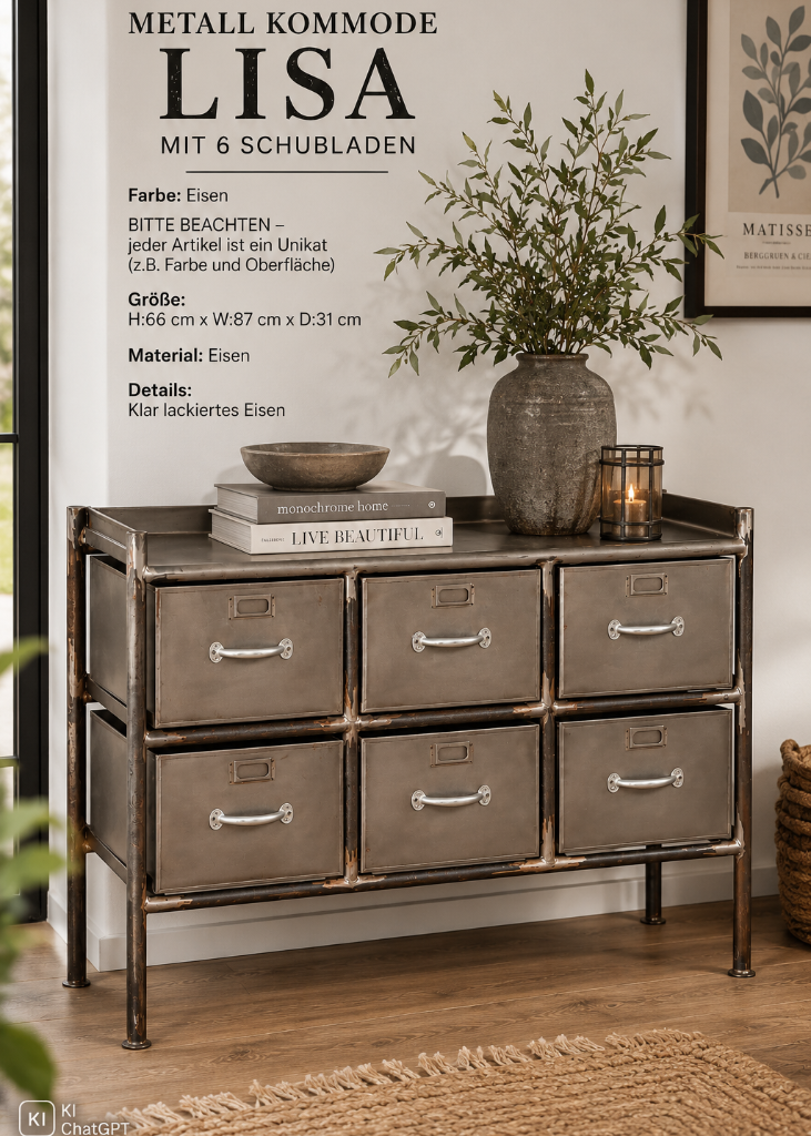 Metall Kommode LISA aus klar lackiertem Eisen mit 6 Schubladen im Industrial Design. Robuster Vintage-Look mit patinierter Oberfläche für stilvollen Stauraum im Wohn-, Flur- oder Küchenbereich.